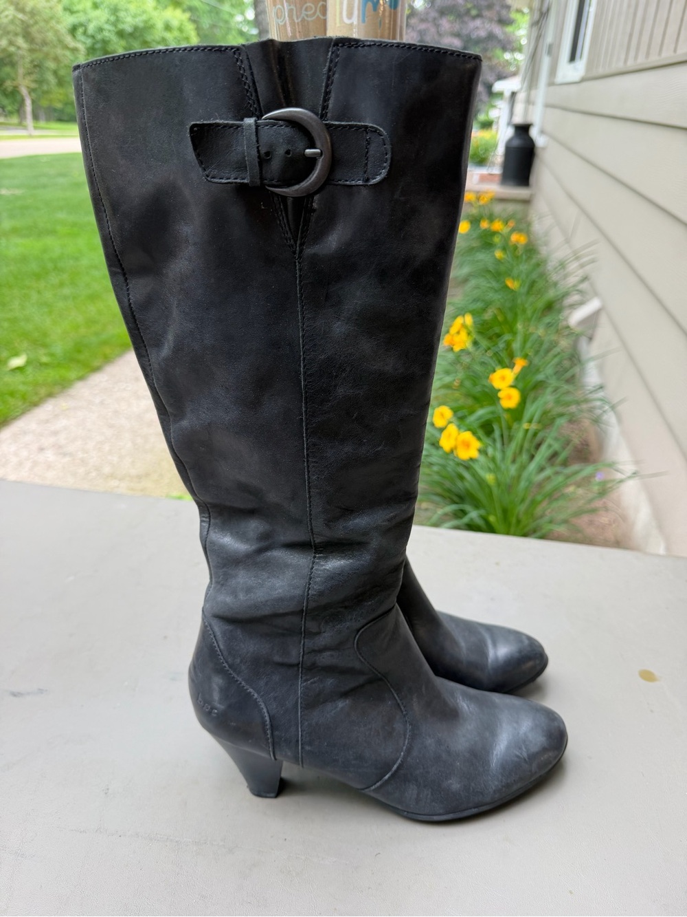 BOC Black High Leather Zip Boots with Buckle Detail & Pitched Heel | Size 8 1/2